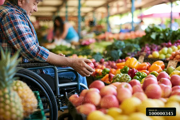 Person in a wheelchair selects an apple at a colorful indoor produce market.