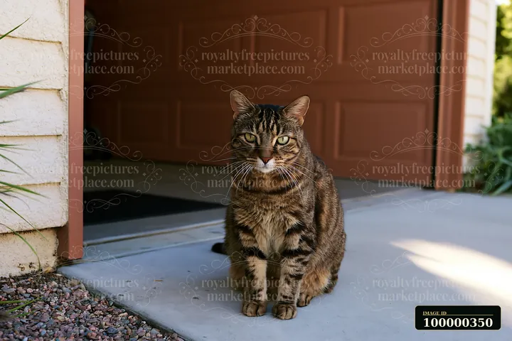California Spangled cat sitting on a concrete driveway in front of an open garage