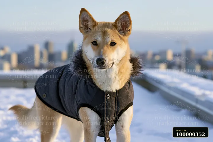 Dog wearing a dark fur-trimmed winter coat stands on a snowy rooftop with a blurred city skyline.