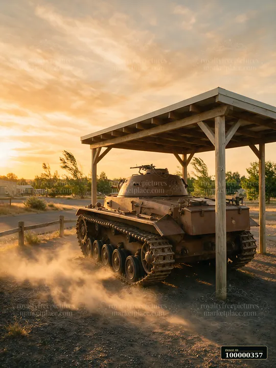 Panzer tank on outdoor museum display beneath a wooden shelter at sunset