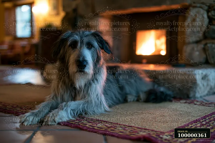 Long-haired dog lies on a patterned rug beside a glowing fireplace in a cozy room.
