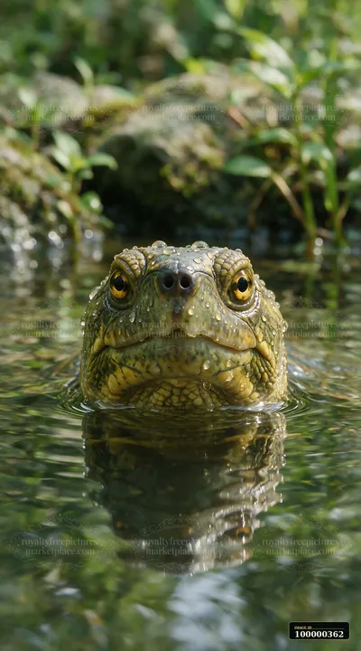 Turtle peeking above calm water with droplets on its face and a reflection below.