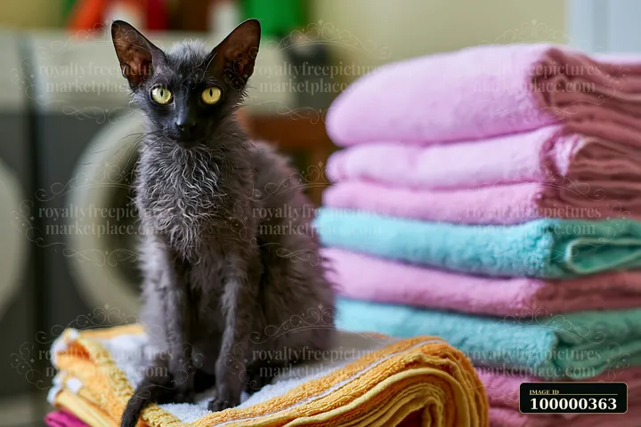 Dark curly-coated Lykoi cat sitting on folded colorful blankets indoors.