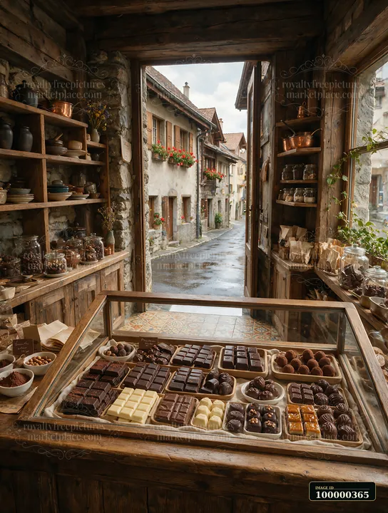 Assorted chocolates fill a glass display counter inside a rustic shop overlooking a narrow village street.