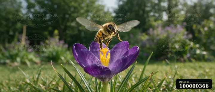 Honey bee lifting off above a purple crocus flower in a sunlit garden.