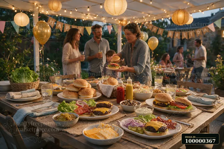 Outdoor burger buffet with toppings and sauces at a festive evening gathering under string lights.