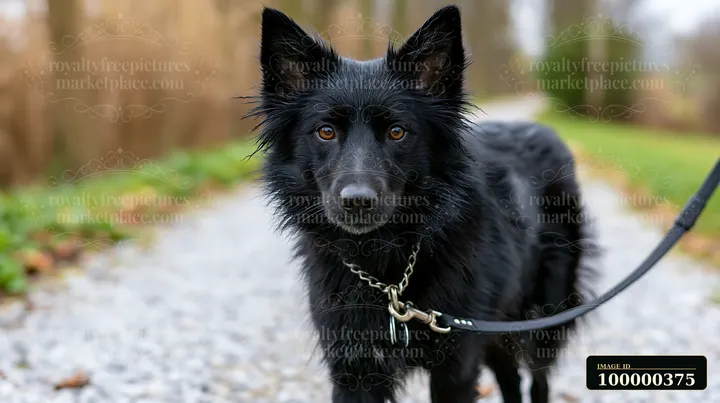 A black rare dog breed is focused during obedience training on a gravel path in a park.