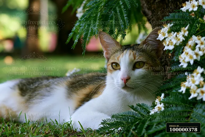 Suphalak cat portrait shows a relaxed cat lying on the ground, nestled against a tree, with green leaves and white flowers nearby.