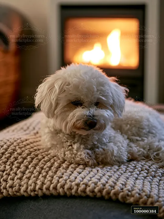 A small, fluffy dog rests on a knitted blanket in front of a fireplace.