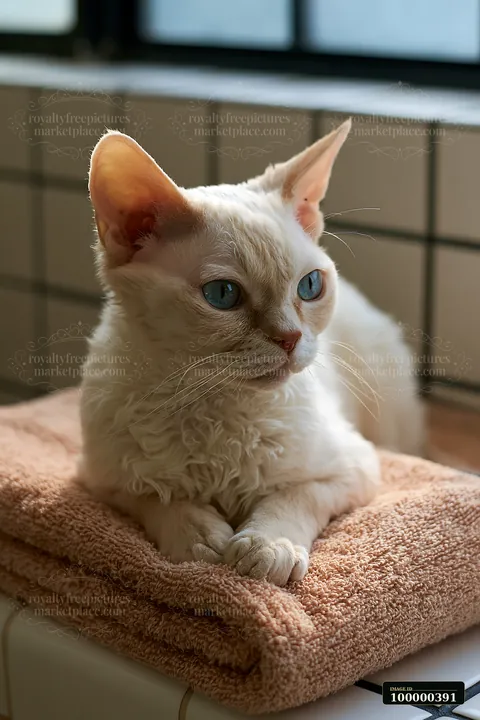 A Minskin cat sits on a soft towel, resting its paws and gazing thoughtfully.