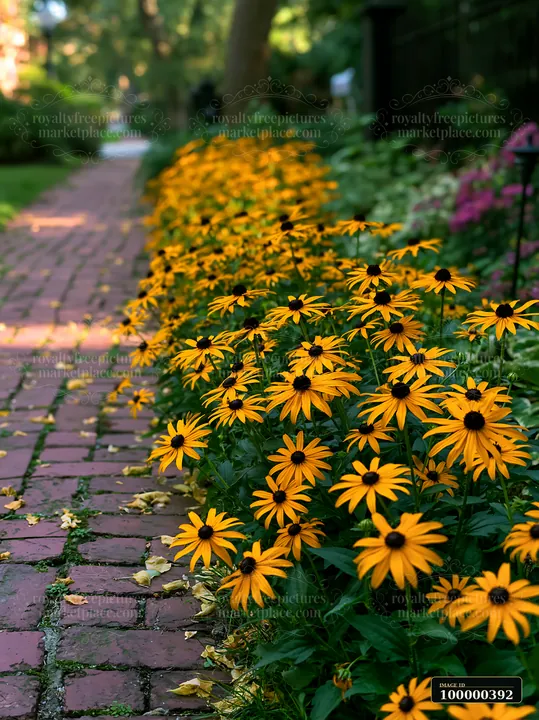 Bright foxglove flowers grow near a cottage along a winding garden path.