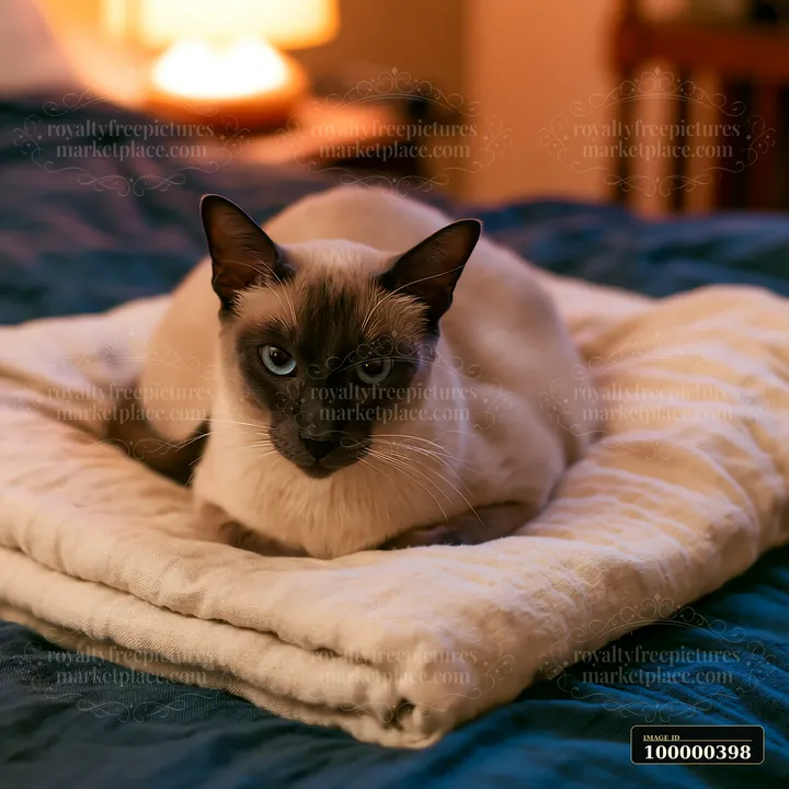 A Tonkinese cat portrait shows a cat sitting on a blanket in a cozy indoor setting with warm lighting.
