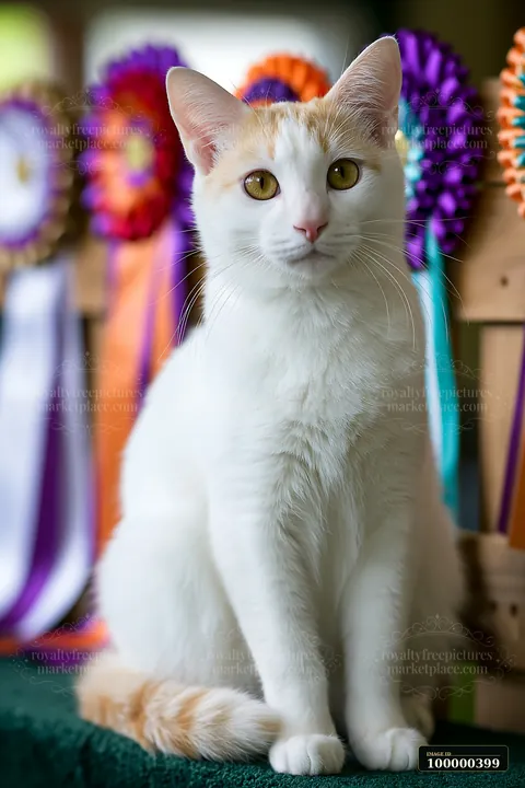 A rare cat breed at a cat show sits elegantly in front of colorful ribbons.