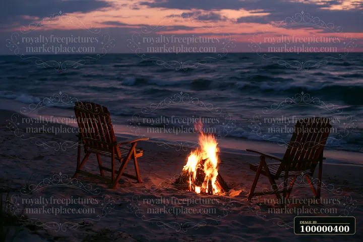 A beach bonfire burns in the sand near the water's edge as two chairs sit empty, framed by waves and a colorful sky at sunset.