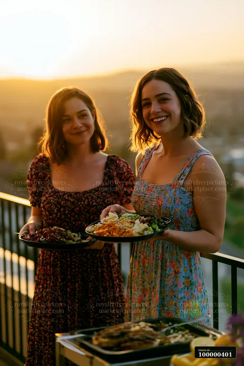 Two women hold plates of food as they enjoy a rooftop buffet dinner during sunset.
