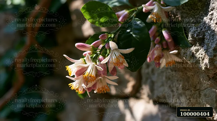 Lemon tree blossoms in sunlight show delicate flowers against a stone wall backdrop.