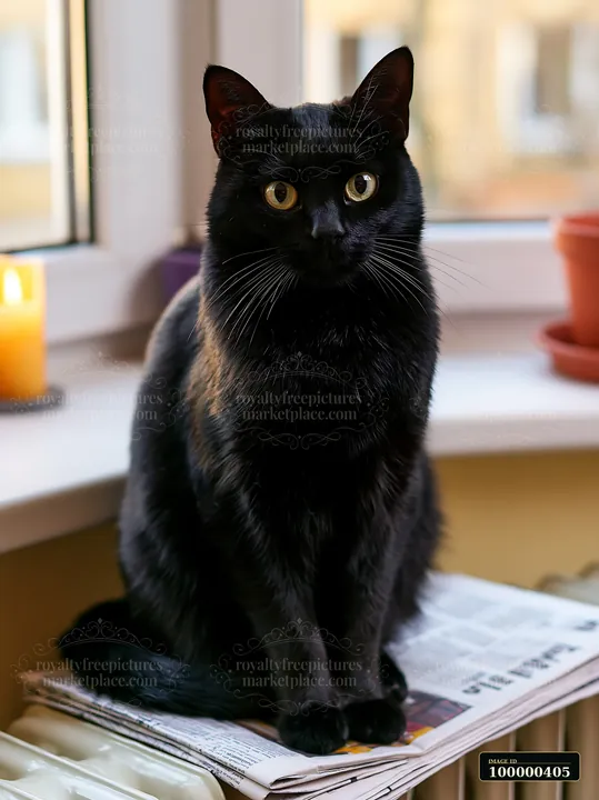 A black Bombay cat sits on a stack of newspapers by the window in a cozy indoor setting.