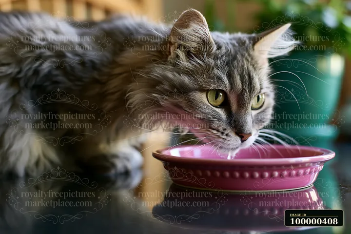 A LaPerm cat drinks from a pink bowl in a cozy indoor setting.