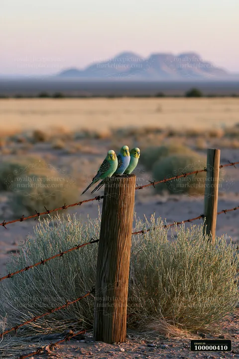 Budgerigar flock in desert landscape gathers on a wooden fence post at sunset.