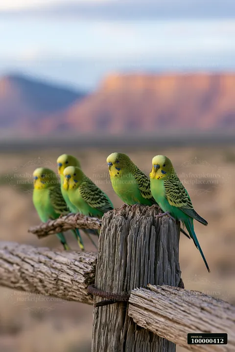 A flock of budgerigars rests on a wooden fence in a desert setting.