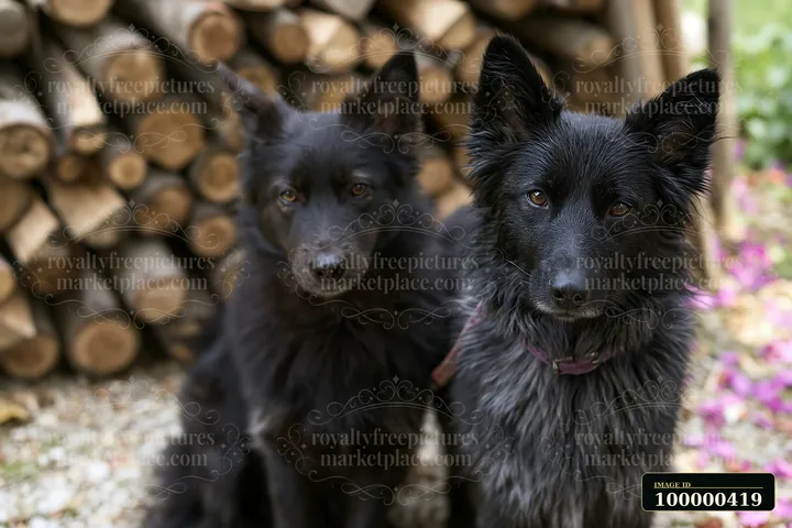 Two black dogs sit close to each other beside a pile of wooden logs in a natural outdoor setting.