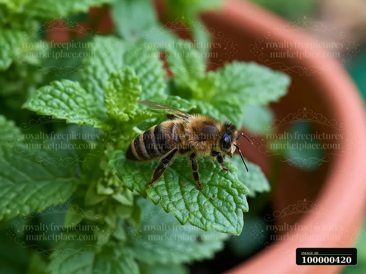 A honey bee resting on a green leaf shows its intricate body details, highlighting its role in pollination.