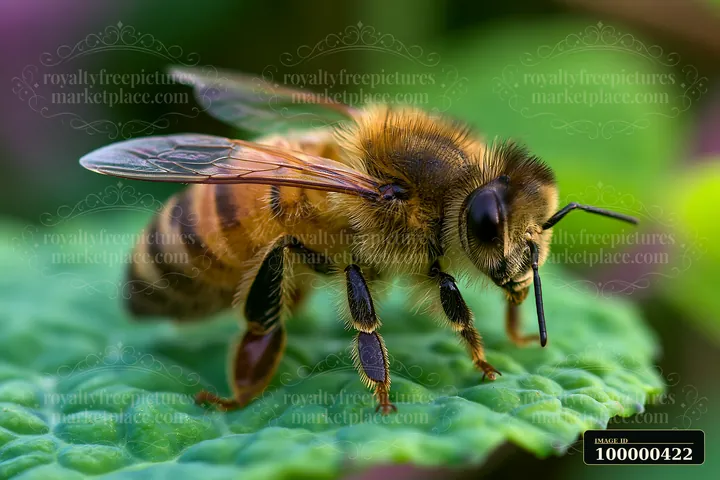 A honey bee resting on a leaf is seen in a garden setting during daylight.