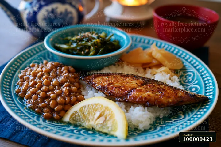 This breakfast plate with Japanese breakfast includes grilled fish, rice, beans, pickled vegetables, and a bowl of soup.