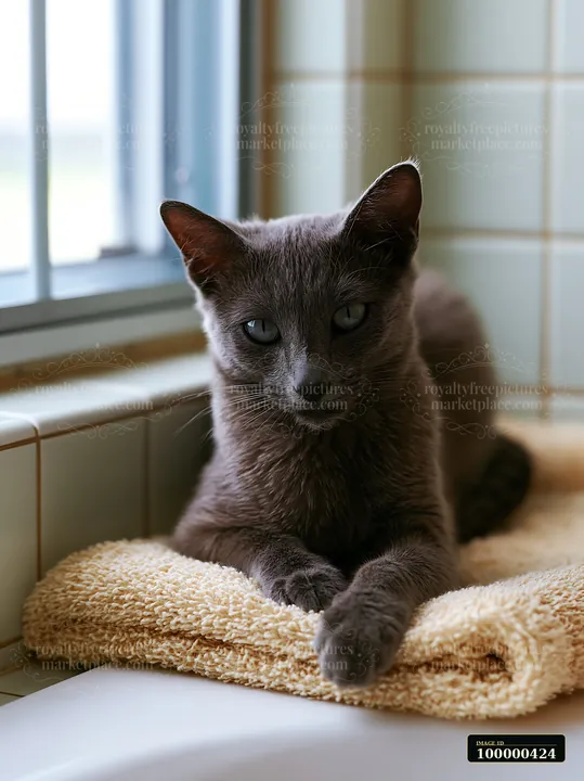 A Korat kitten lies on a towel near a window, looking curiously at the surroundings.