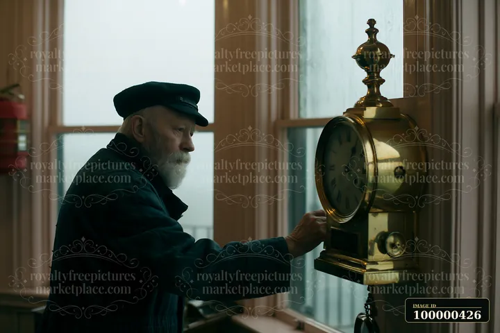 A rare dog breed near seaside interacts with an elderly man by a large clock inside a lighthouse.