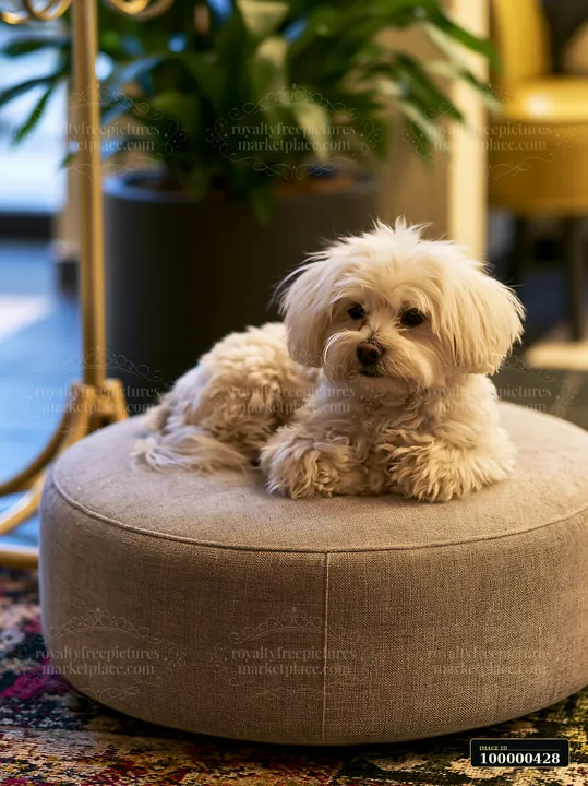 A rare dog breed is resting comfortably on a round ottoman in a cozy corner of a pet-friendly hotel.
