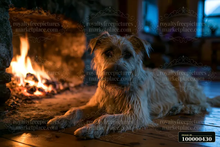 A rare dog breed relaxing by fireplace in a warm living room setting.