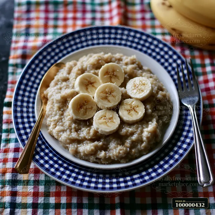 A breakfast plate with oatmeal is presented on a checkered tablecloth.