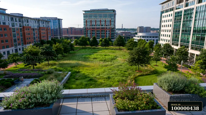 A green meadow with tall grass is visible between tall buildings.