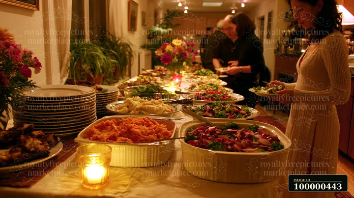 A woman serves herself from a long table filled with various dishes during a gathering.