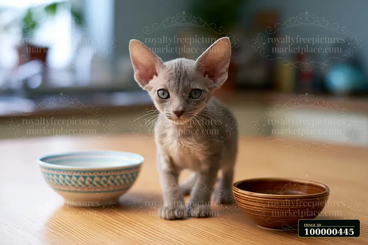 A young kitten walks across a wooden kitchen table, inspecting two empty bowls.