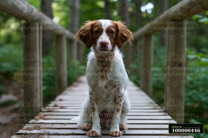 A rare dog breed with spotted coat sits on a wooden bridge surrounded by green trees.