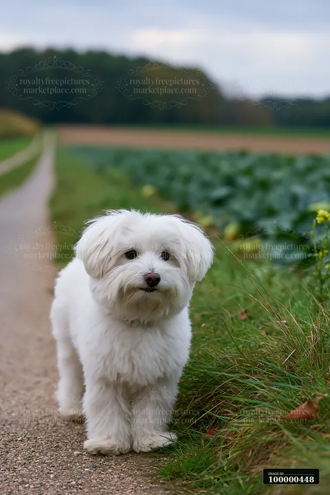 A rare dog breed on rural road stands next to a wide green field under cloudy skies.