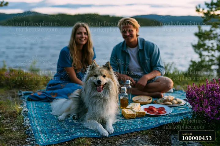 A family is having a picnic by the water with a rare dog breed.