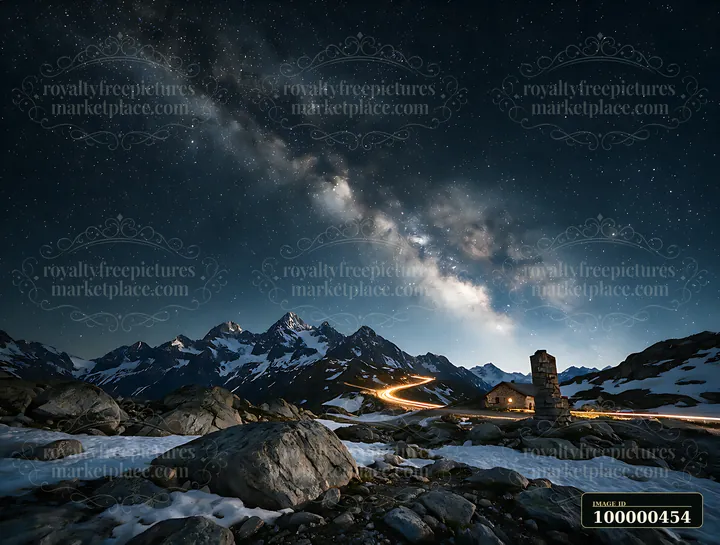 A winding road cuts through the Swiss mountains under a starry sky.