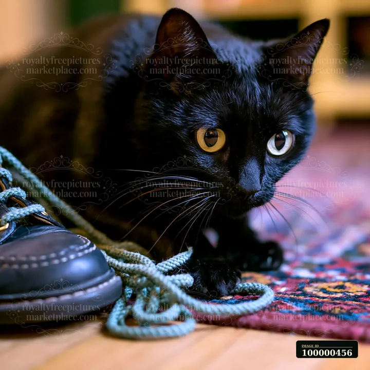 A black cat crouches on a colorful rug, showing curiosity as it investigates a pair of shoes and a blue rope.