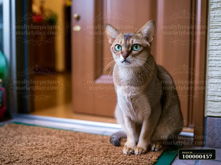 A Singapura cat portrait shows a cat with striking blue eyes sitting calmly on a welcome mat by a door.