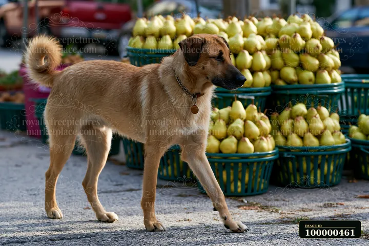 A rare dog breed visiting farmers market walks near baskets of fresh pears.