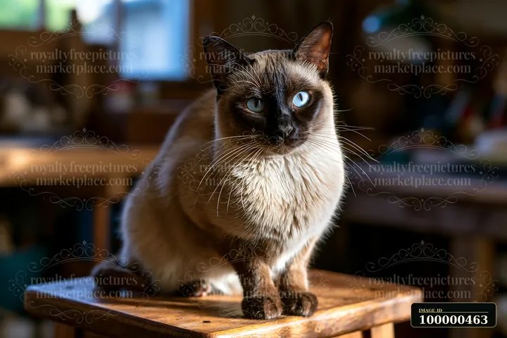 A Tonkinese cat sits on a wooden stool in a cozy interior, showcasing its distinctive blue eyes and sleek fur.