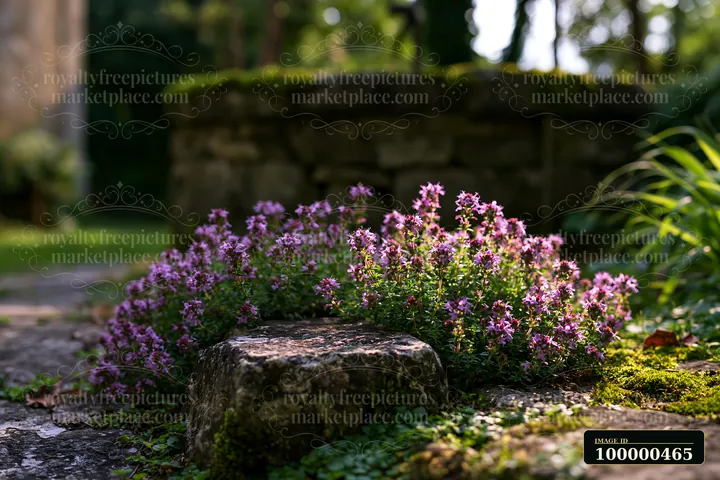Fog drifting across meadow surrounds vibrant purple flowers growing on a stone near a well.