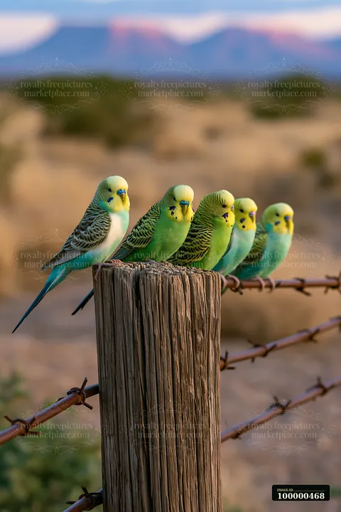 A flock of budgerigars sits on a wooden post in a desert landscape with distant mountains.