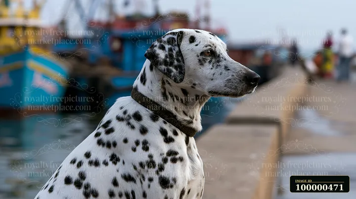 A dog with a spotted coat sits quietly by the water, observing the surroundings.