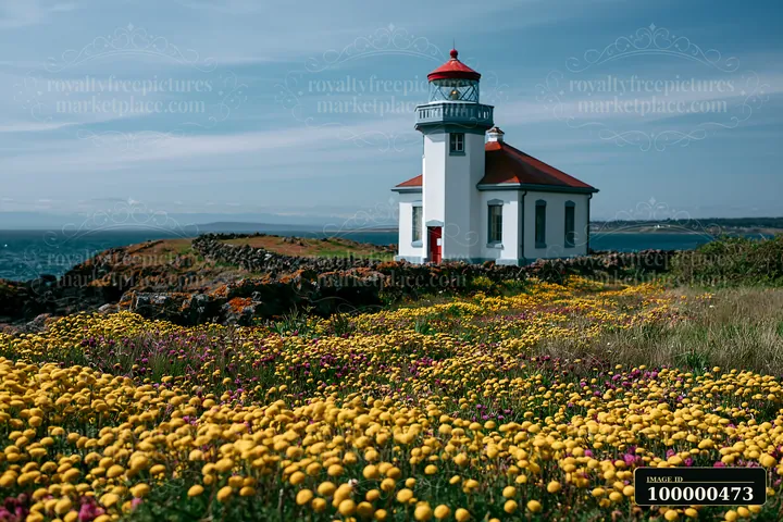 A retired soldier stands proudly in front of a lighthouse surrounded by colorful wildflowers.