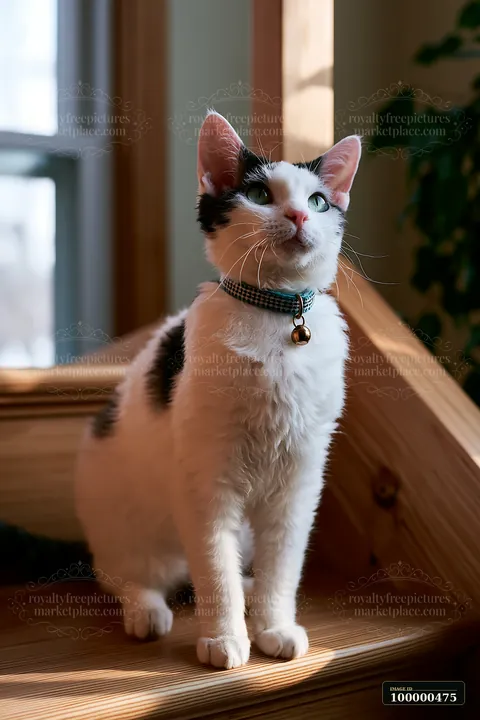 A German Rex cat sits on a wooden surface, gazing upwards in natural light.
