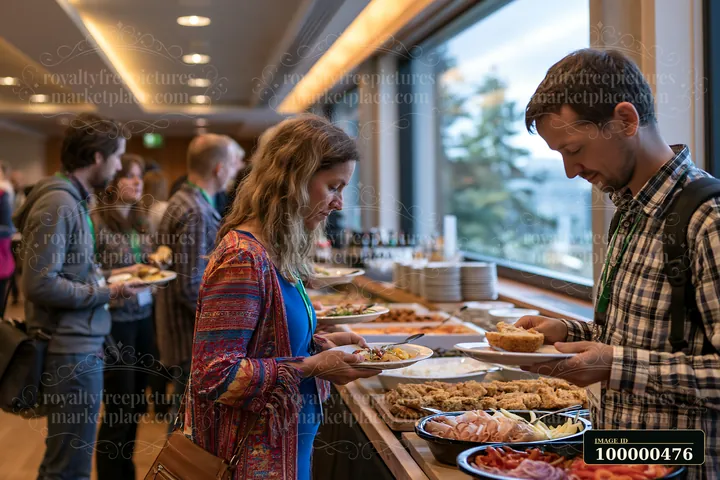 A group of people are serving themselves food from a buffet table during a social event.